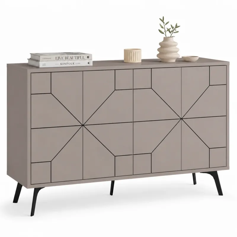 Prezzo Di Fabbrica Madia con 4 Ante Credenza Design Geometrico Moderno in Legno 123x77 cm Tortora