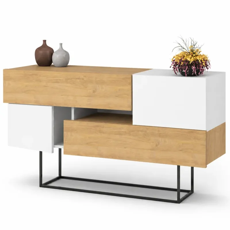 A Buon Prezzo Madia Consolle Moderna 145 cm con 2 Ante 2 Cassetti Zaffiro di Quercia e Bianco