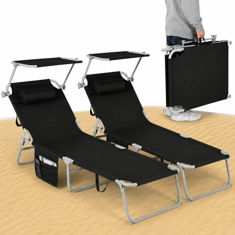 Compra Online Set 2 Lettini Pieghevoli da Spiaggia Esterno Nero Sdraio da Mare con Parasole