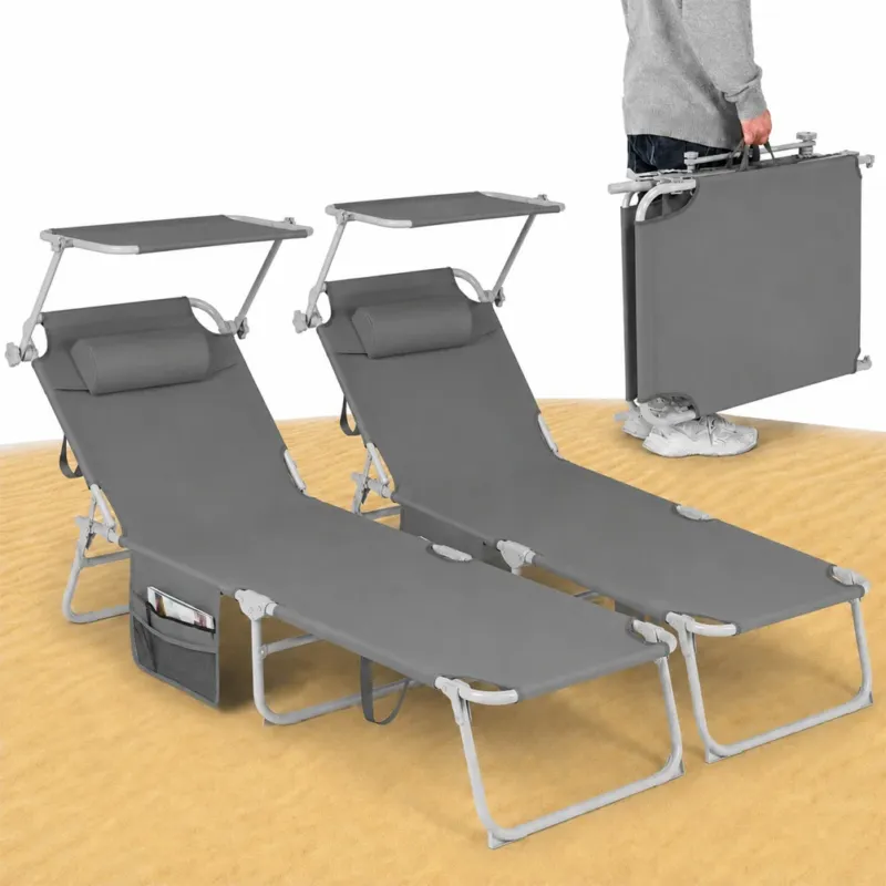 Professionale Set 2 Lettini Pieghevoli da Spiaggia Esterno Grigio Sdraio da Mare con Parasole