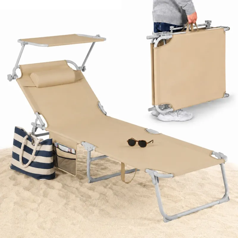 Ultima Occasione Lettino Pieghevole da Spiaggia Esterno Piscina Ecru Sdraio da Mare con Parasole