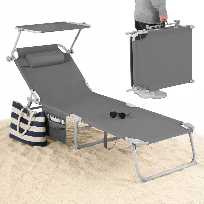 Economico Lettino Pieghevole da Spiaggia Esterno Piscina Grigio Sdraio da Mare con Parasole