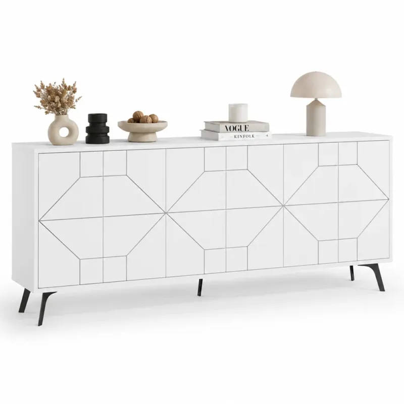 Prezzo Ridotto Madia con 6 Ante Credenza Design Geometrico Moderno in Legno 184x77 cm Bianco