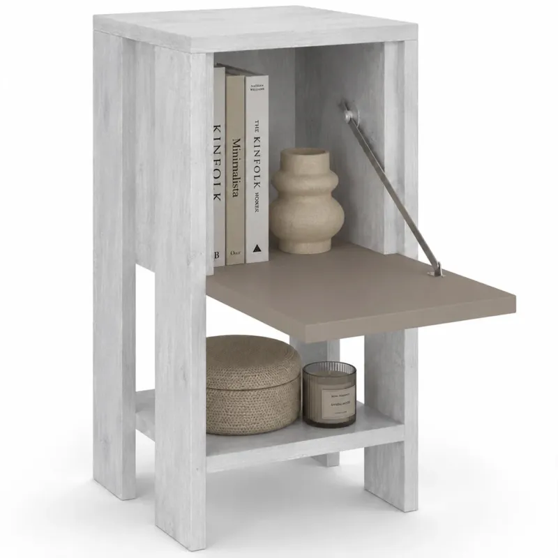 Offerta Lampo Comodino Mobiletto 2 Ripiani Anta Ribalta Tavolino Moderno Tortora Bianco Antico