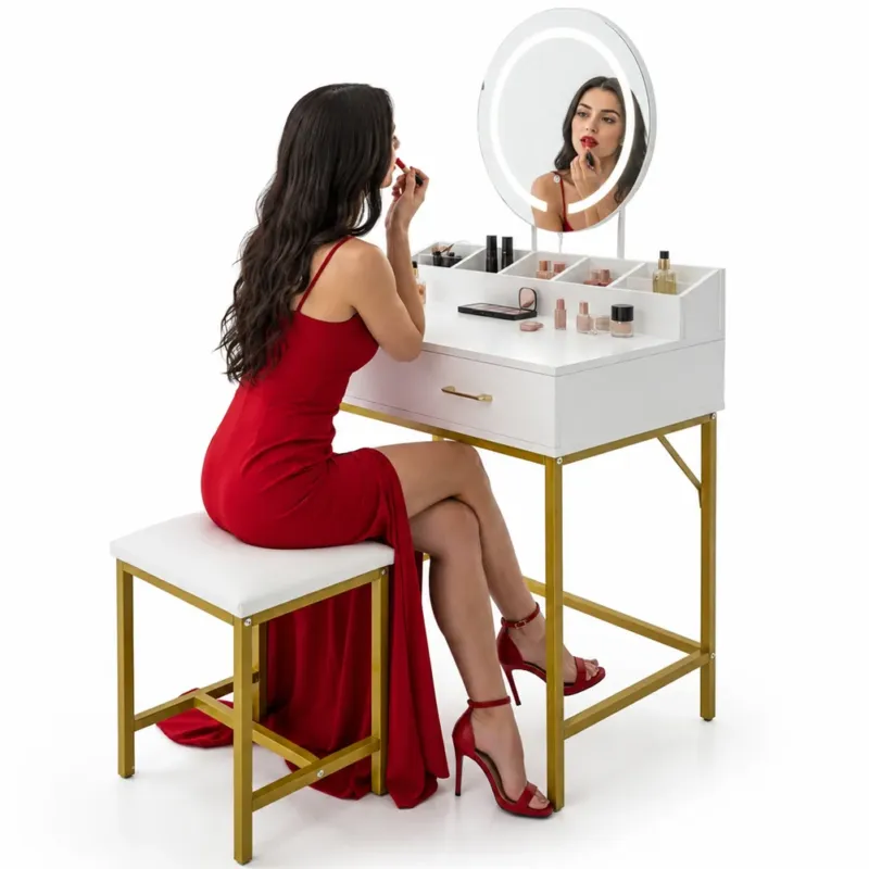Prezzo Basso Toeletta Trucco con Sgabello e Specchio Luce LED Postazione Makeup 80x45x141cm