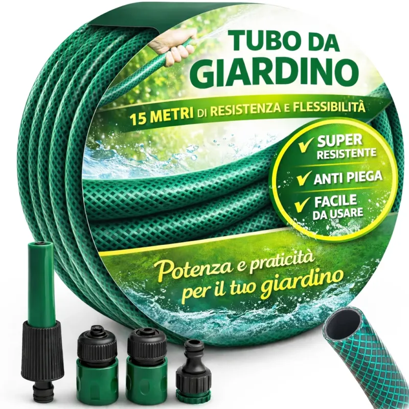 Tubo da Giardino 15 m Ø14mm per Irrigazione Max 6 bar 3 Giunti e 1 Spruzzatore Di Tendenza