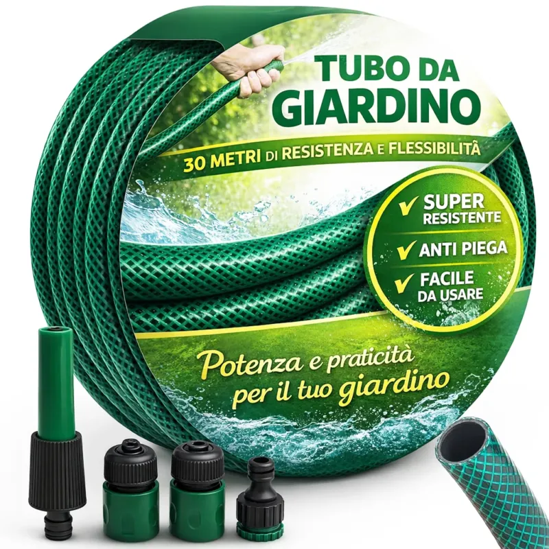 Tubo da Giardino 30 m Ø14mm per Irrigazione Max 6 bar 3 Giunti e 1 Spruzzatore Offerta Lampo