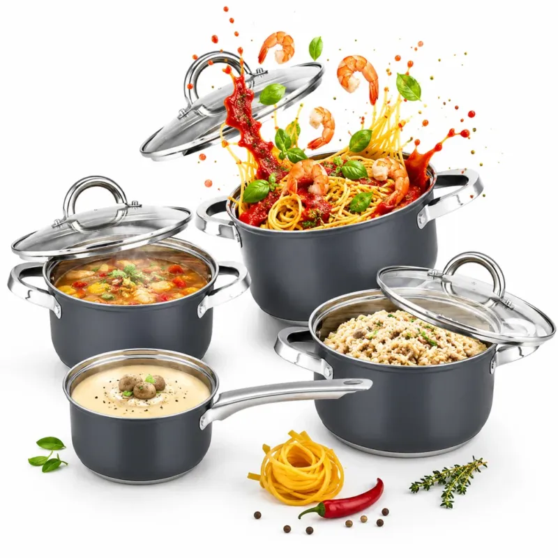 Promozione Esclusiva Batteria di Pentole Acciaio Grigio 7 Pezzi Pentole Adatte a Tutti Piani Cottura