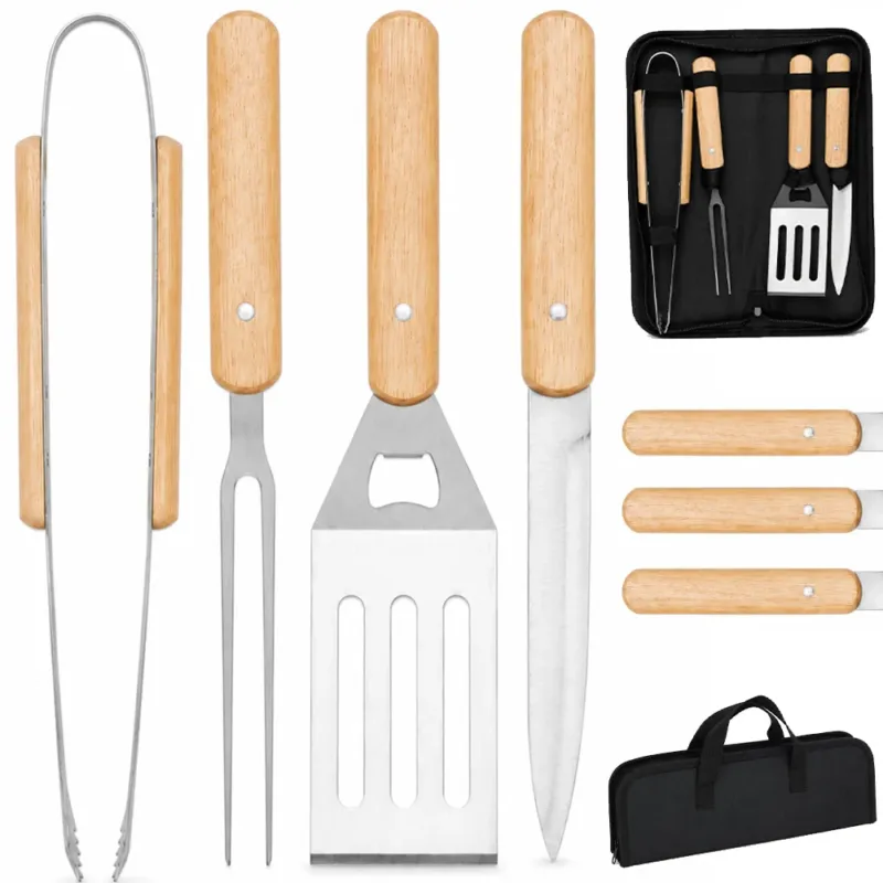Set 4 Pezzi Accessori per Barbecue con Valigetta Pieghevole con Manico in Legno Offerta Limitata