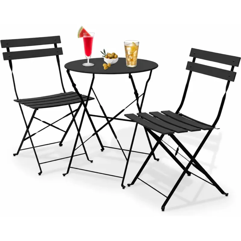 Set 3 Pezzi Giardino Tavolo con 2 Sedie Bistrot Pieghevole Modello Parigi Nero Promozione Esclusiva