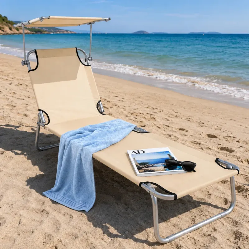 Promozione Esclusiva Lettino Mare Pieghevole Leggero con Tettuccio Parasole Regolabile Beige