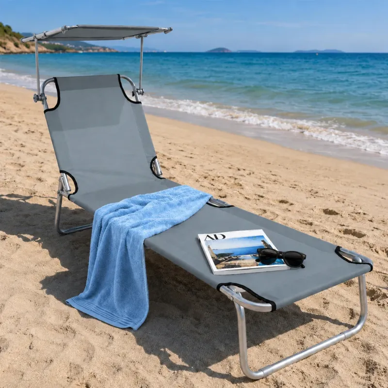 Lettino Mare Pieghevole Leggero con Tettuccio Parasole Regolabile Grigio Super Prezzo
