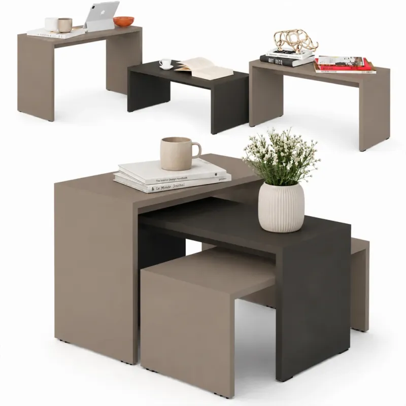 Novità Tavolino Caffe Divano Salotto Rettangolare 3Pz Moderno Legno Moka e Antracite