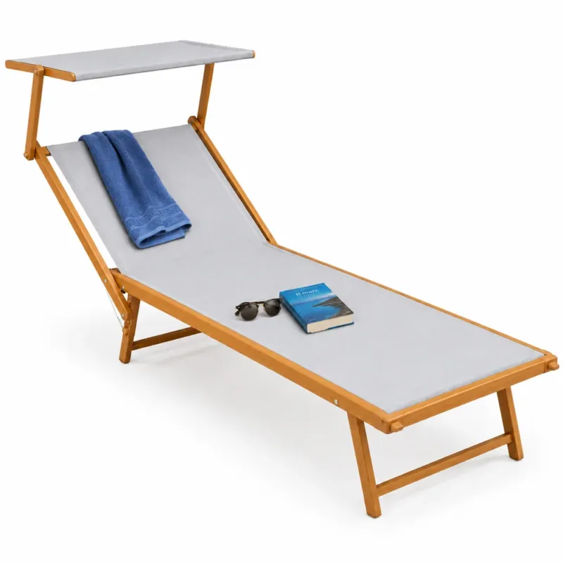 Professionale Lettino Prendisole con Struttura Alluminio Effetto Legno e Tessuto Grigio Chiaro