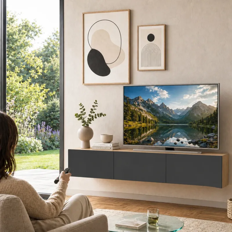 Mobile TV sospeso 180x30cm FRANCY Quercia e Antracite 3 Ante a Ribalta Parete Offerta Del Giorno