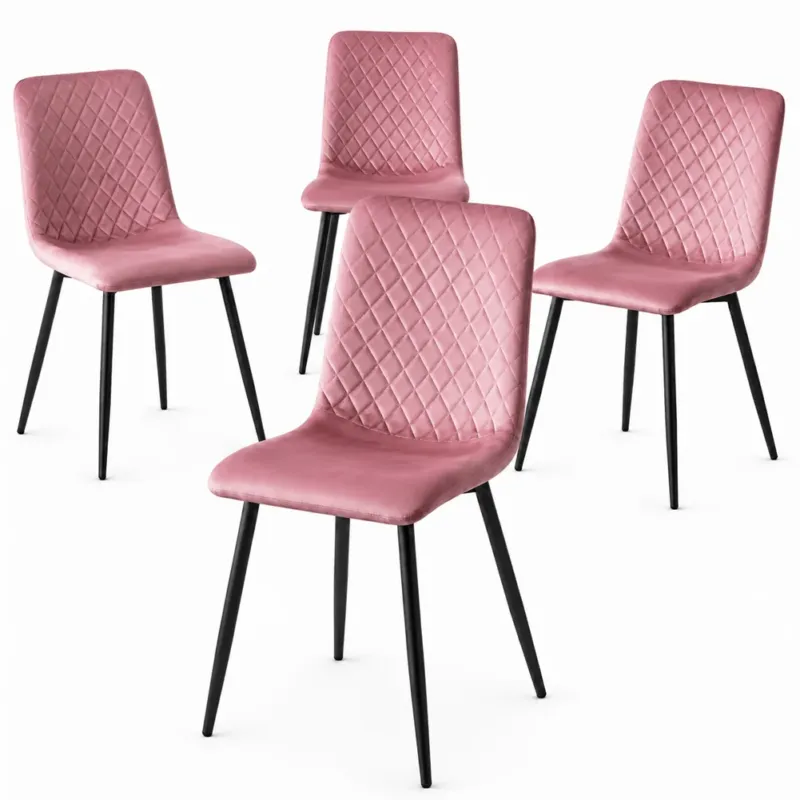 Offerta Limitata Set 4 Sedie Rosa con Rivestimento in Velluto e Piedi Neri Seduta Ergonomica