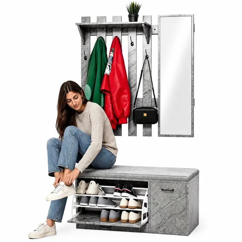 Nuovo Arrivo Set Ingresso con Scarpiera e Appendiabiti con Specchio Attaccapanni Grigio Marmo