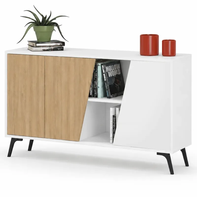 Nuova Collezione Madia Credenza Moderna 150 cm con 2 Ante 8 Vani e Ripiani Bianco e Quercia