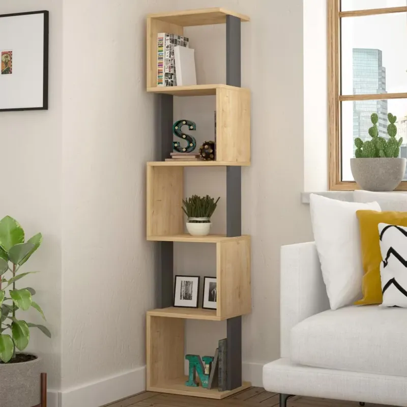 Promozione Libreria Design Moderna Scaffale Modulare 5 Ripiani 161x35x30cm Ufficio Oak Grey