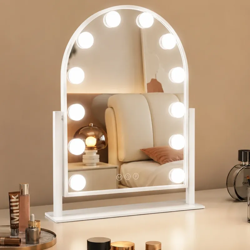 Offerta Specchio ad Arco da Tavolo Struttura in Alluminio e Led a Bulbi 3 Colori 30x40cm