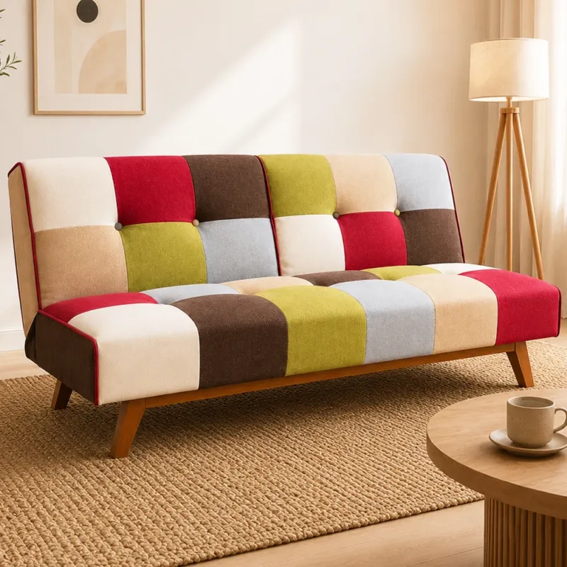 Divano Letto in Tessuto Patchwork Imbottito Gambe in Legno Schienale Reclinabile Promo Stagionale