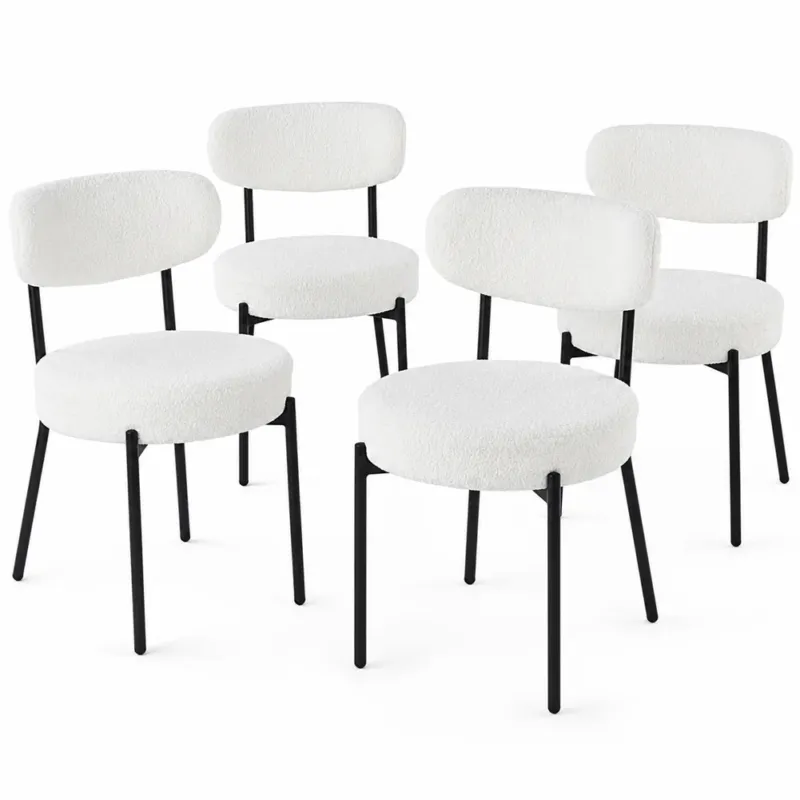 Promo Stagionale Set 4 Sedie da Pranzo con Gambe Metallo e Seduta Tessuto Teddy Imbottita Crema