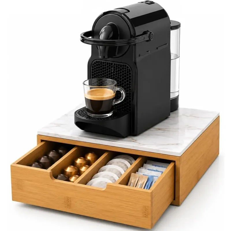 Portacapsule Piano Vetro Effetto Marmo Tortora Portacialde Organizer 31.5x30x10cm Occasione