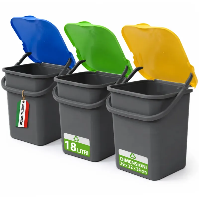 Vendita Finale Set 3 Pattumiere Premi‘ 18L con Apertura Push Raccolta Differenziata 32×29×34 cm