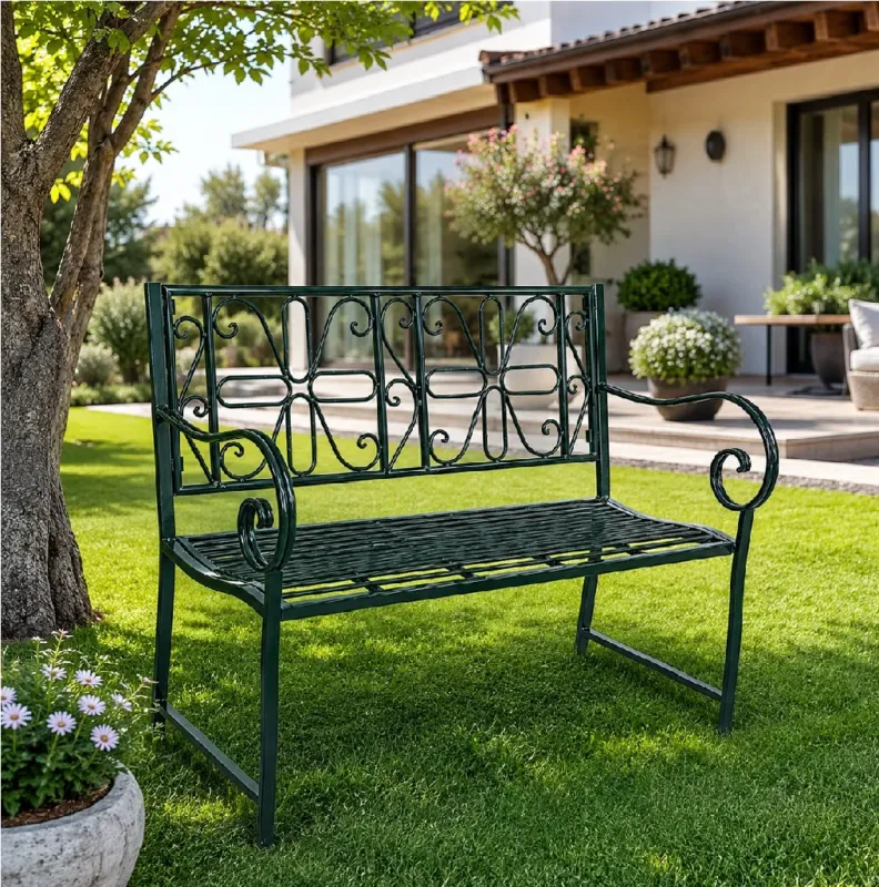 Affare Panchina da Giardino 2/3 Posti in Metallo Verniciato Verde con Schienale Decorato