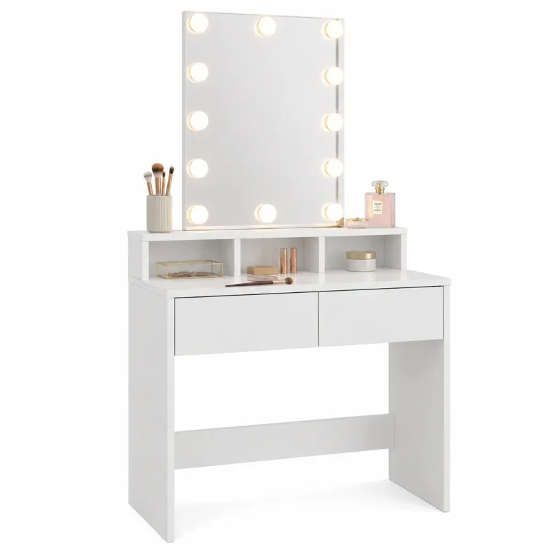 Consolle Trucco con Specchio Led 80x40 cm 2 Cassetti Luce Regolabile usb Bianca Sconto