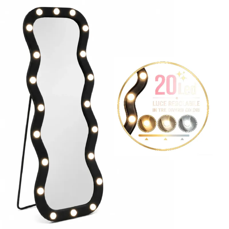 Super Prezzo Specchio Grande Ondulato 60x160 cm con 20 Led, Cornice in Velluto Nero Moderno Accensione Touch