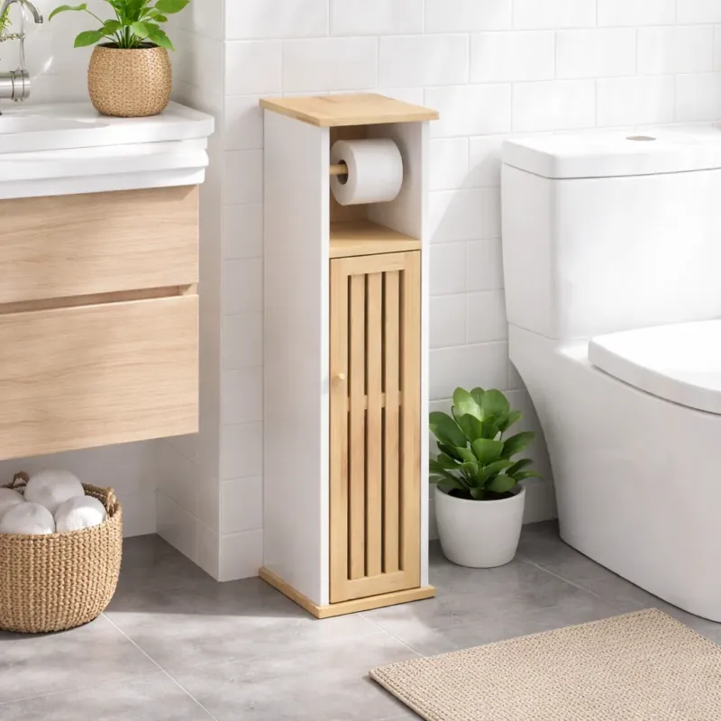 Offerta Speciale Colonna Mobiletto Bagno Moderno Bianco Legno Bambù 18x18x75 cm Porta Carta Igienica