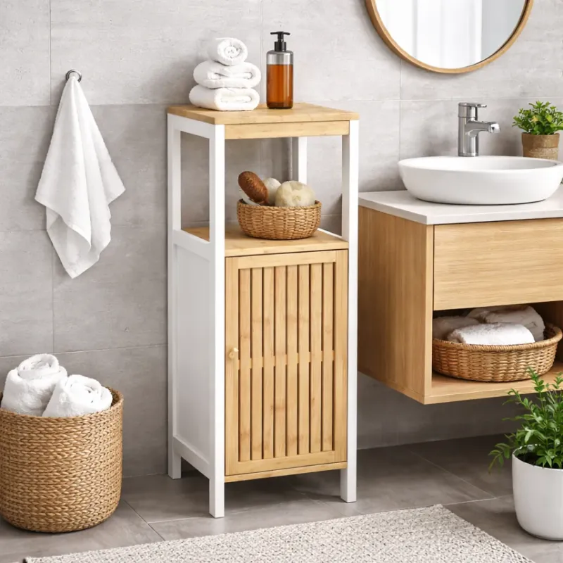 Colonna Mobiletto Bagno Moderno Bianco Legno e Bambù 32x30x91 cm 1 Anta 2 Ripiani Ultimissimo Modello