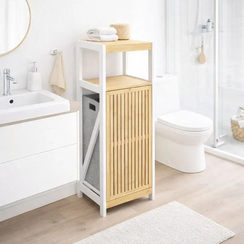 Mobiletto Bagno Portabiancheria Moderno Legno e Bambù 36x33x98 cm 1 Anta 2 Ripiani Di Tendenza