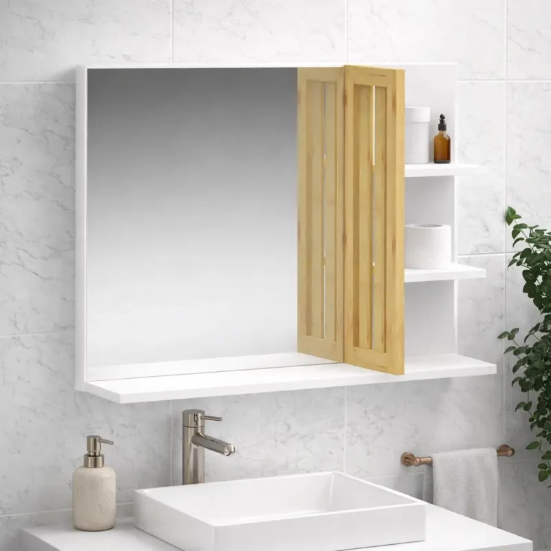 Specchio da Bagno Moderno in Legno e Bambù Bianco 45x59x15 cm con 4 ripiani Promo Stagionale