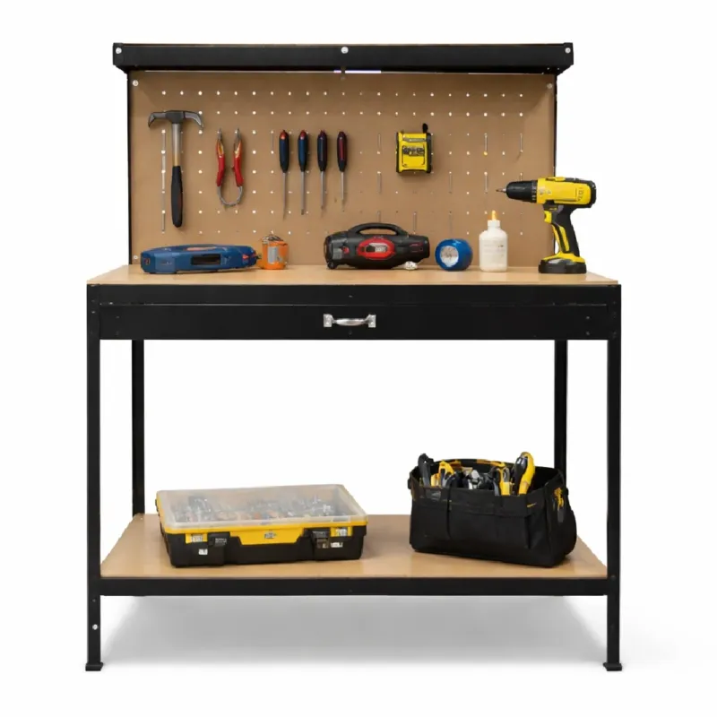 Banco Lavoro Officina Porta Utensili 120x60 H150 cm Cassetto 20 Ganci 3 Ripiani Bestseller