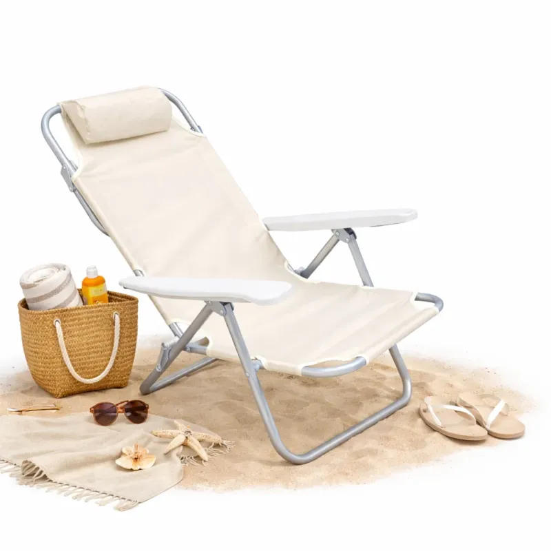 Compra Online Sedia Spiaggina Prendisole Pieghevole Reclinabile 5 Posizioni Crema Mare Spaggia
