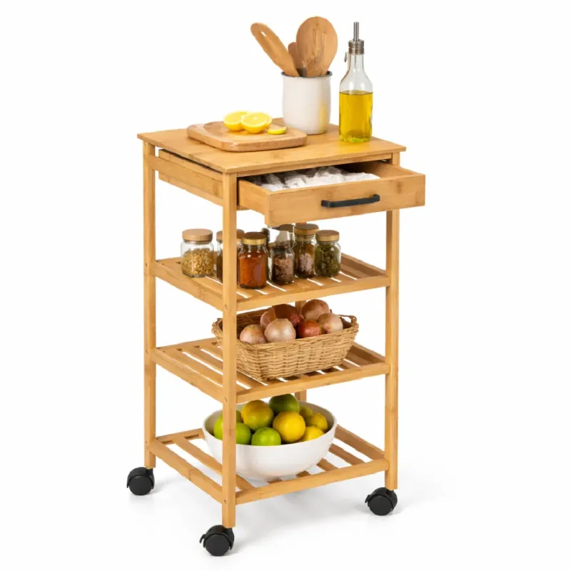 Occasione Imperdibile Carrello Cucina in Legno Bambù con Cassetto 3 Ripiani 4 Ruote 360 Design Minimal