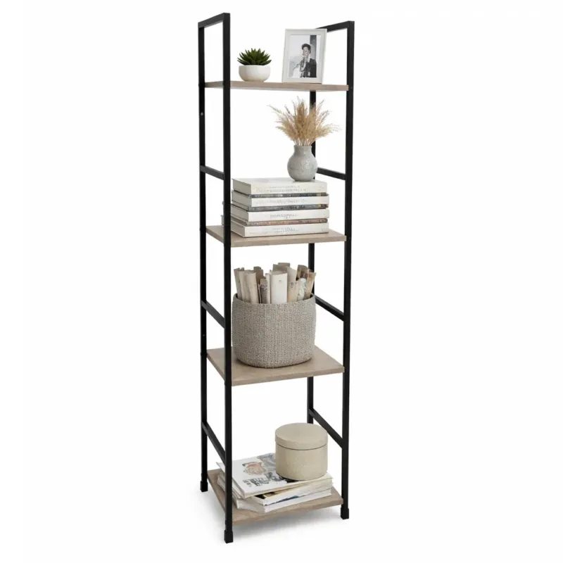 Mobile Scaffale Industrial 4 Ripiani Metallo Nero Legno Mdf Rovere 29x24 H112cm Offerta Speciale