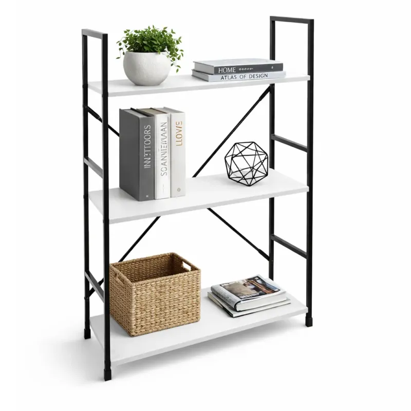 Mobile Scaffale Industrial 3 Ripiani Metallo Nero Legno Mdf Bianco 59x24 H80cm Ultimissimo Modello