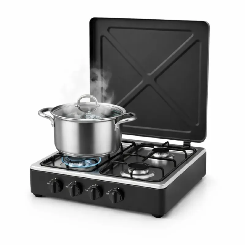 Esclusivo Fornellone a Gas 4 Fuochi Smaltato Nero con Coperchio Casa Campeggio 50x50cm
