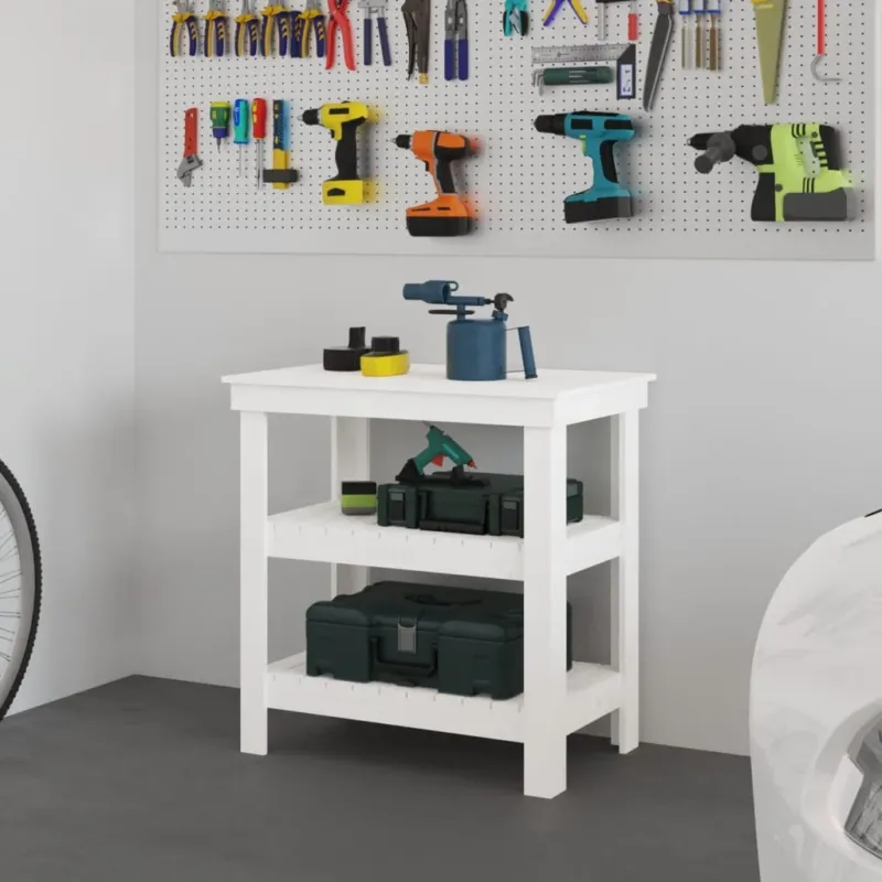 Compra Oggi Stesso Banco da Lavoro 78,5x50x80 cm in Legno Massello di Pino Bianco con Ripiani