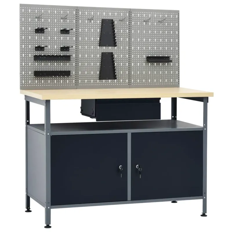 Banco da Lavoro 120x60x85 cm Nero con 3 Pannelli e 2 Armadietti Portata 300 kg Ultime Pezzi