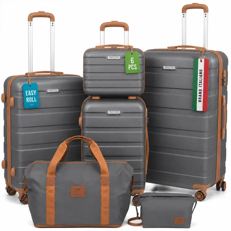 Nuova Collezione Set 6 Pezzi Valigie Rigide Family in ABS Beauty Case Grigio e Marrone 55/66/75cm