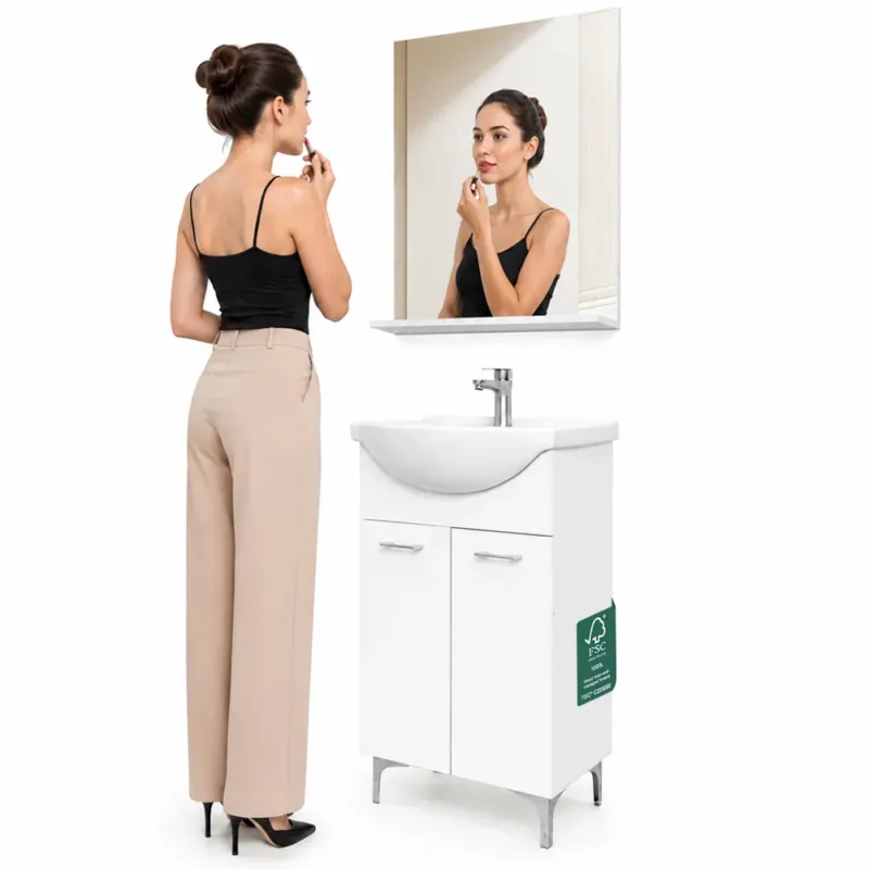 Set Completo Mobile da Bagno da Terra 55 cm Due Ante Bianco Specchio e Accessori Ultime Pezzi