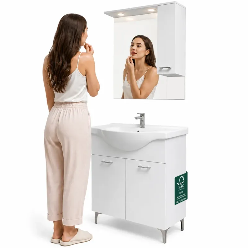 Set Completo Mobile da Bagno da Terra 85 cm con Due Ante Bianco Specchio e Accessori Direttamente Dal Produttore