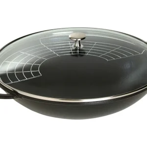 Wok con due manici, ghisa, nero, coperchio in vetro, ø 37 cm Professionale