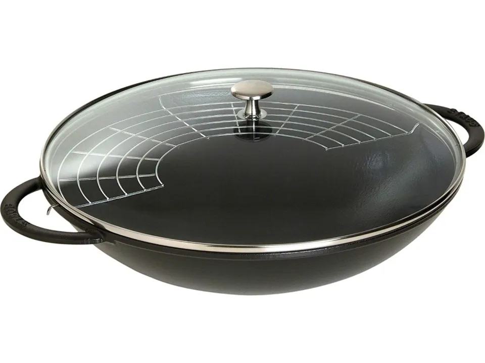 Wok con due manici, ghisa, nero, coperchio in vetro, ø 37 cm Professionale