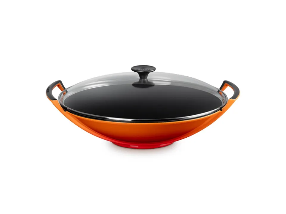 Ultima Occasione Wok con coperchio in vetro in ghisa vetrificata 36 cm - arancio