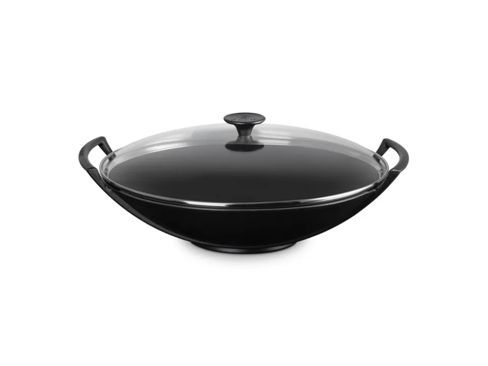 Wok con coperchio in vetro in ghisa vetrificata 36 cm - nero matt Ultima Occasione